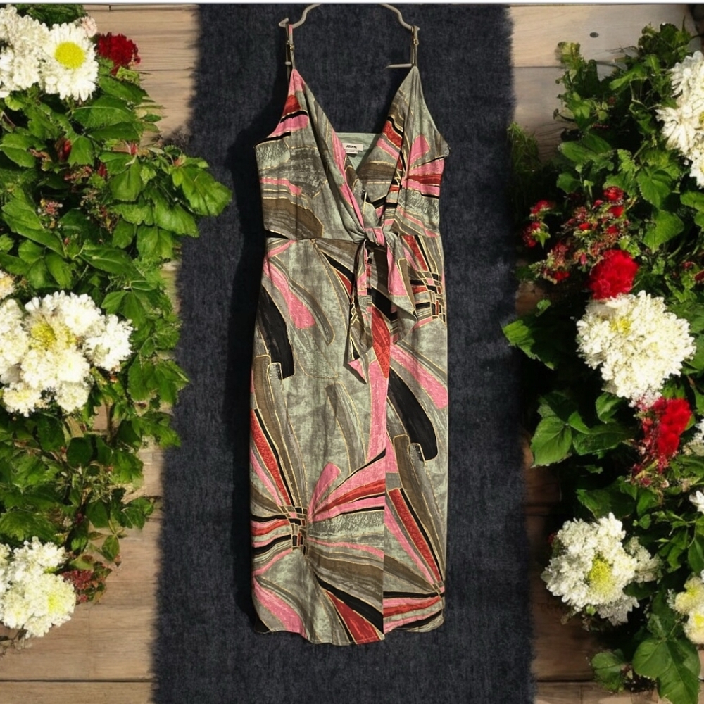 🛍️ $83 NWOT Jason Wu Tropical Print Linen Blend Faux Wrap Midi Dress Size 6